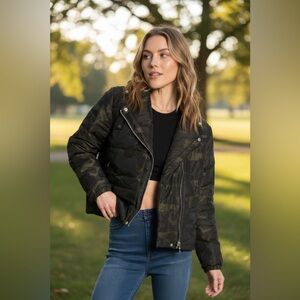 Juicy Couture Womens Green Camo Moto Puffer Jacket